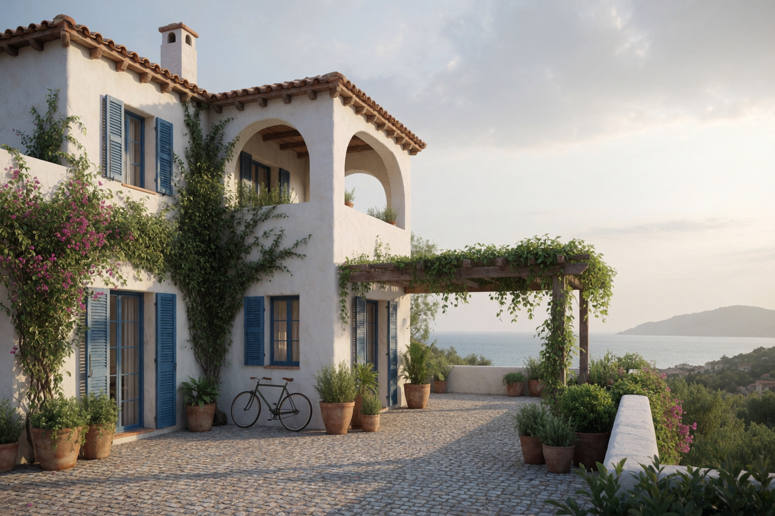 Mediterranean coastal villa with white stucco, terracotta roof, and climbing bougainvillea