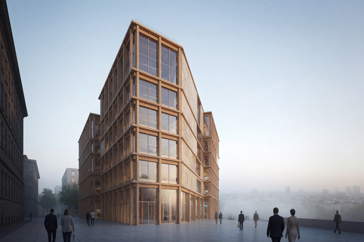 Contemporary mass timber office building with exposed CLT visible through glazing