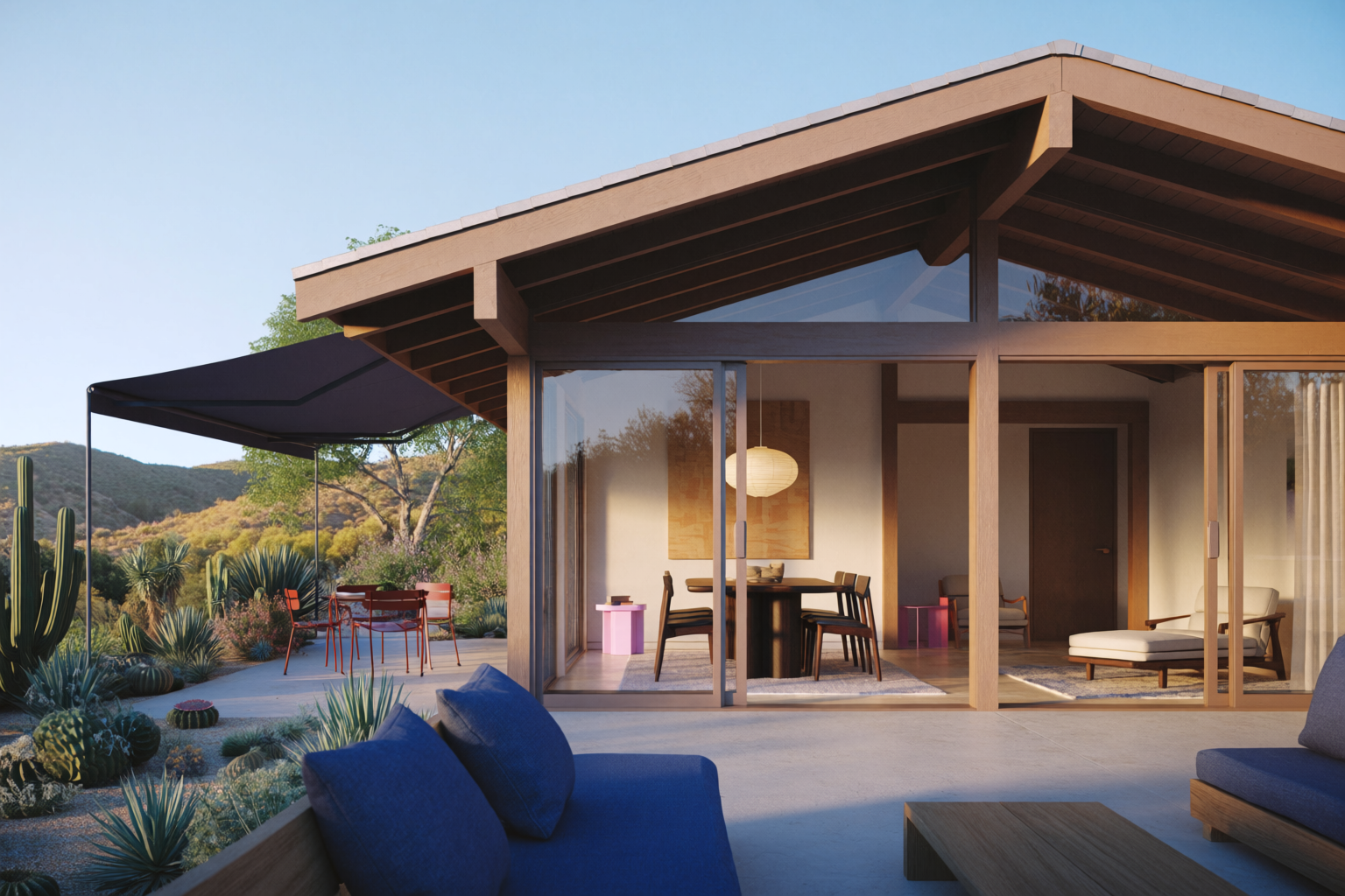 Mid-century modern Californian house with post-and-beam construction and cactus garden