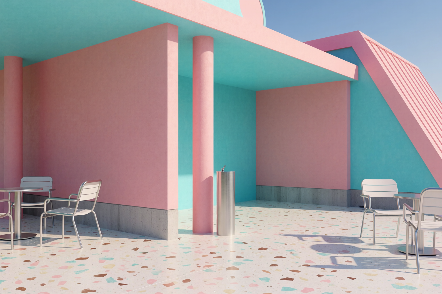 Postmodern Memphis-style pavilion with pastel color blocks and geometric forms