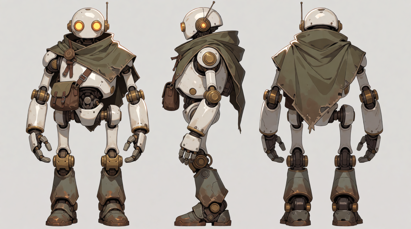 Krea 2 image from the prompt above — a turnaround sheet whose cropped views feed a multi-view image-to-3D model