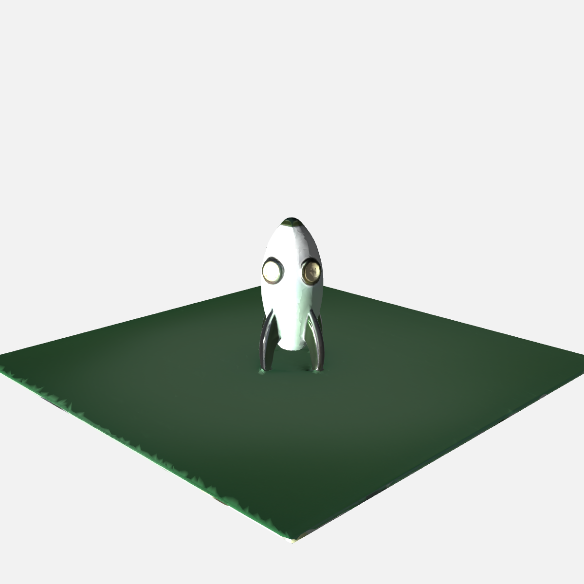 Raw Krea 3D preview render of the GLB mesh generated from the rocket image above with Hunyuan3D-2.1 — the model also reconstructed a ground plane from the background, a typical image-to-3D artifact you delete in cleanup