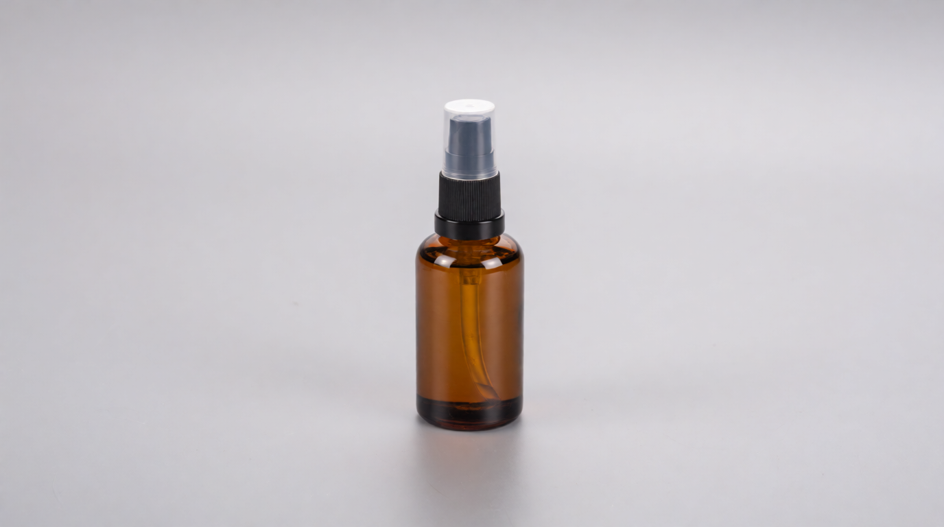 Amber cosmetics bottle on a light gray studio background, a raw Krea 2 generation of the prompt above