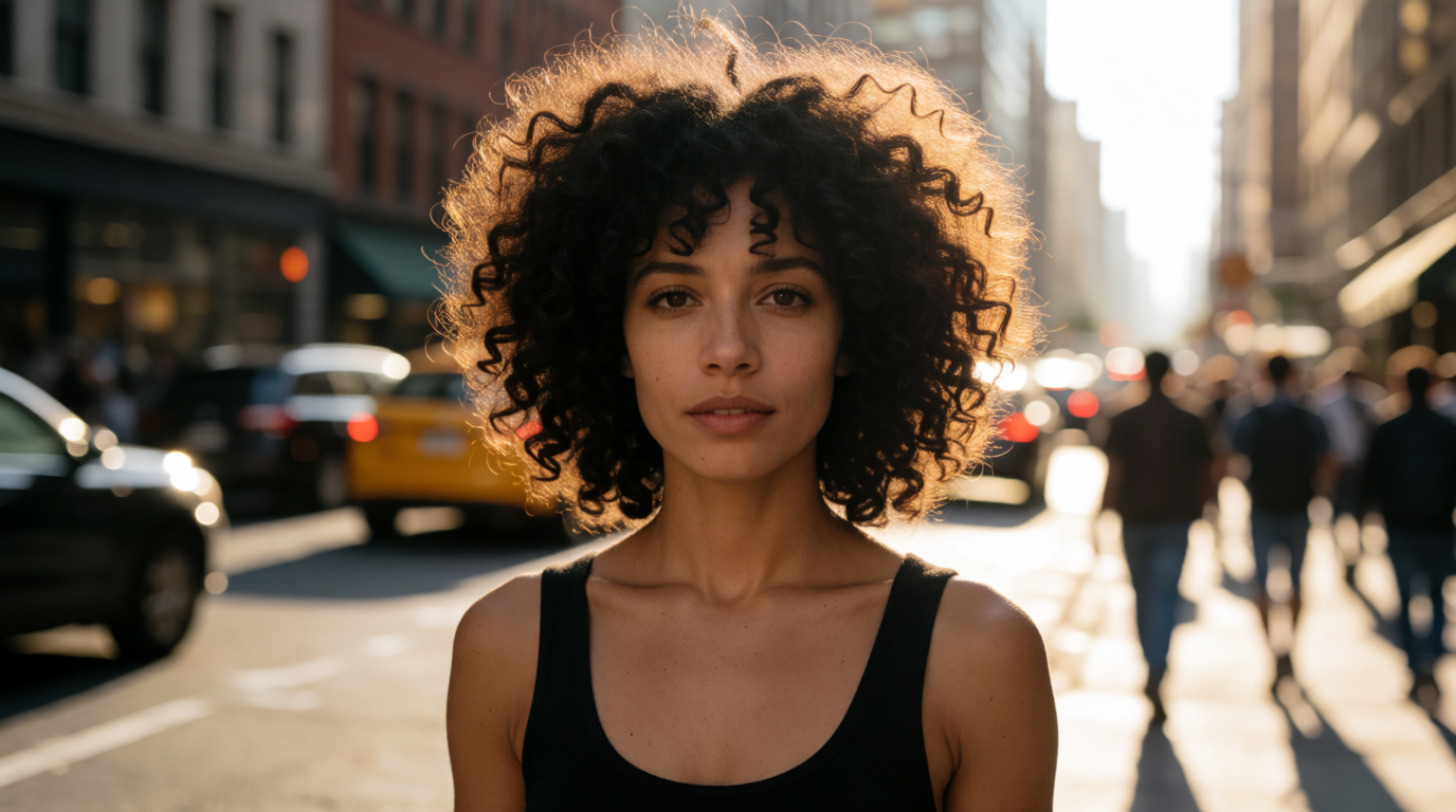Portrait with voluminous curly hair against a busy street, the classic hard case for cutouts