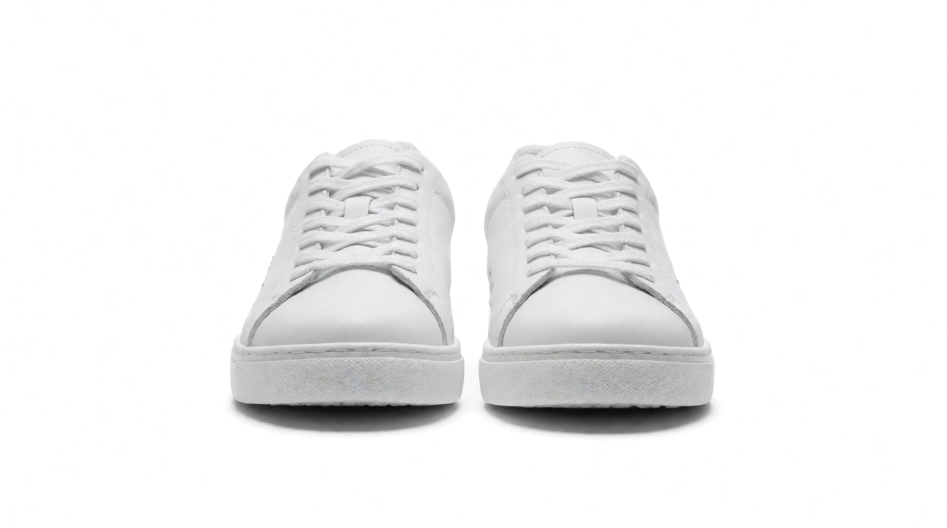 White sneakers on a seamless pure white background, a raw Krea 2 generation of the prompt above