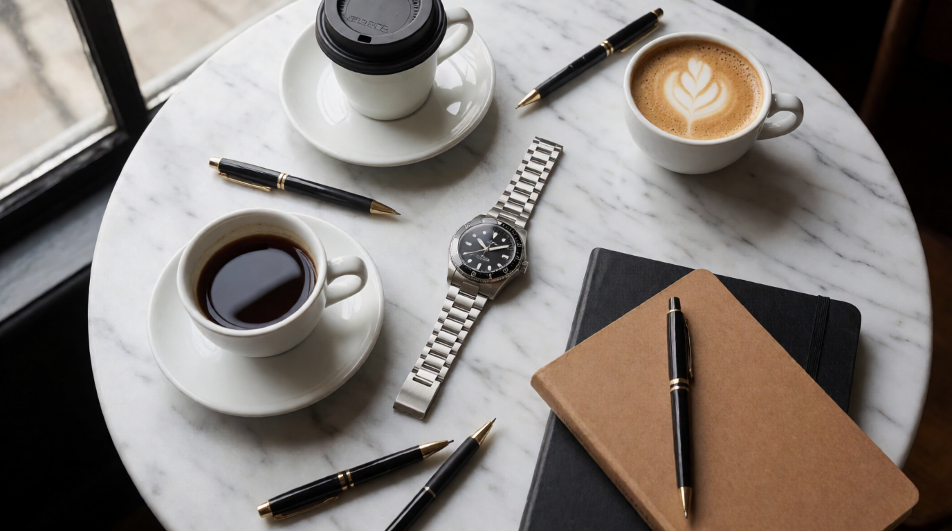 Cluttered flat lay of a wristwatch among coffee cups and notebooks, a hard source for background removal