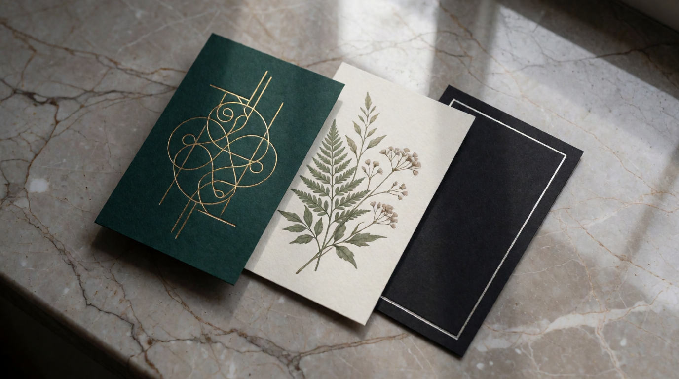 Flat lay of three custom business card concepts — emerald with gold foil, cream with a botanical illustration, matte black with a silver border — a raw Krea 2 generation of the prompt above
