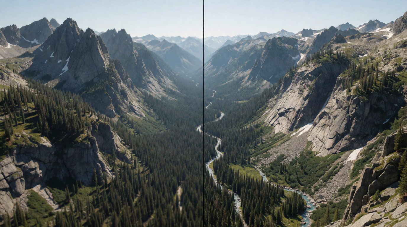 Split comparison of a soft, low-resolution landscape and its sharpened upscale