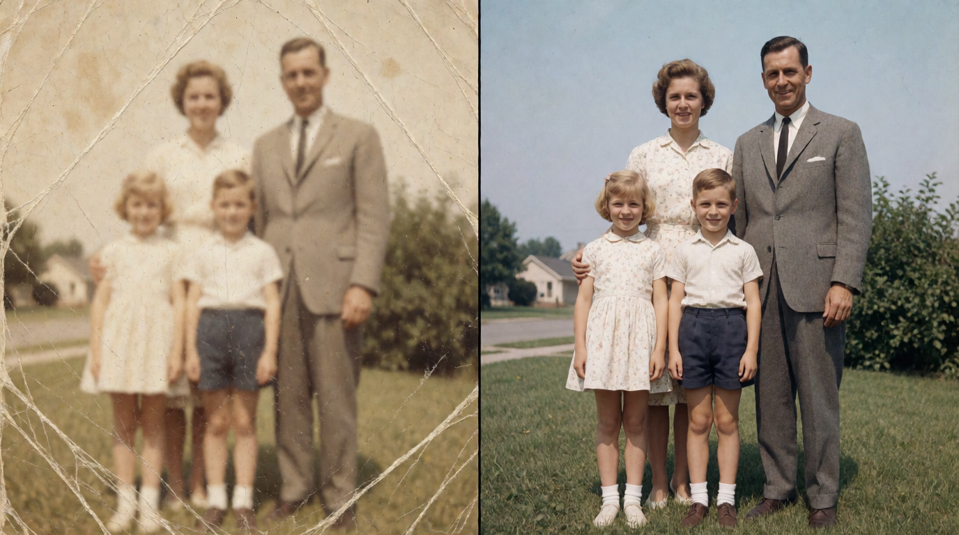 Vintage photo restoration: faded and scratched original beside the restored version