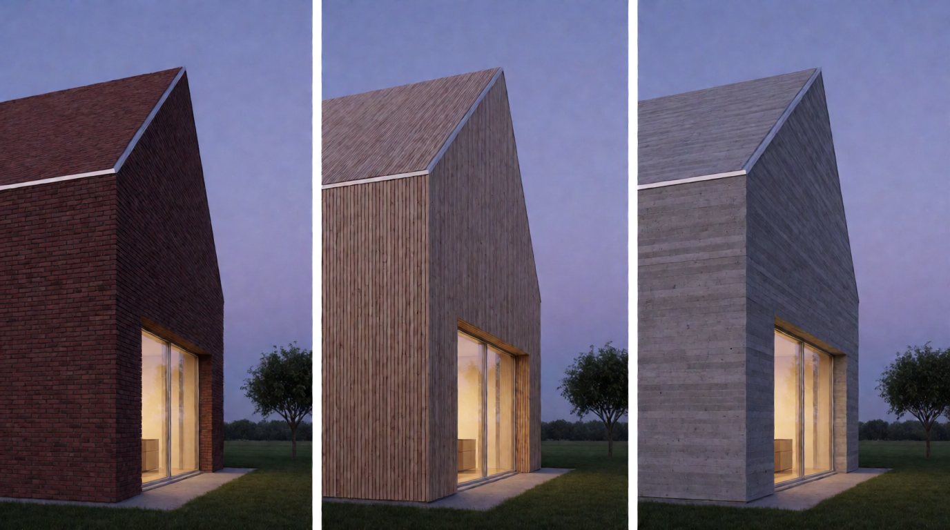 Material study strip: the same house in brick, timber, and concrete