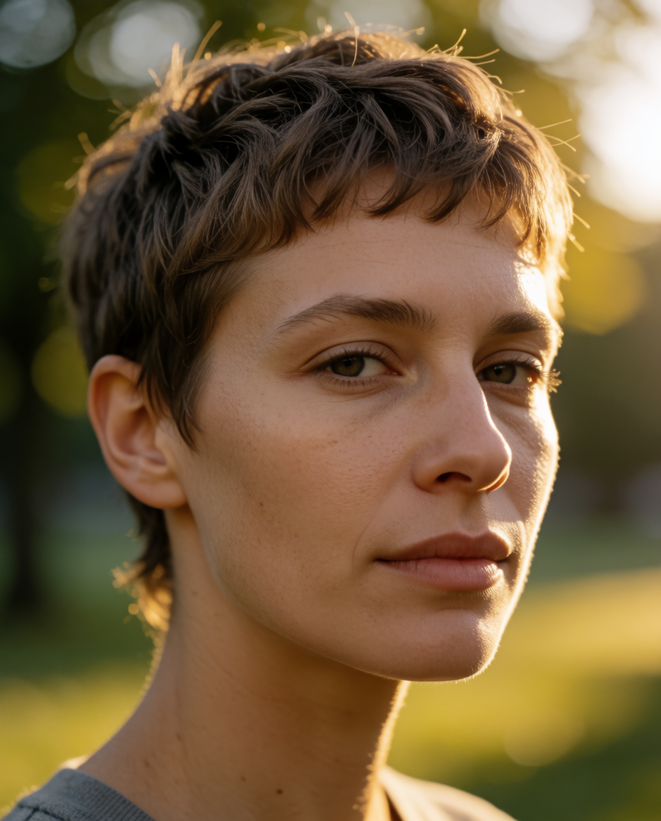 Portrait with a new short textured hairstyle in golden-hour light, generated with Krea 2 Turbo from the prompt above
