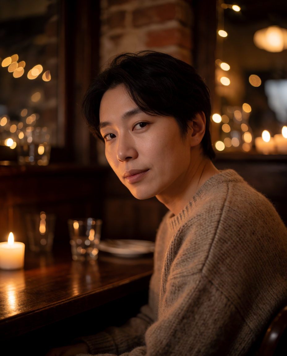 Portrait restyled into a candlelit cafe scene, generated with Krea 2 Turbo from the prompt above