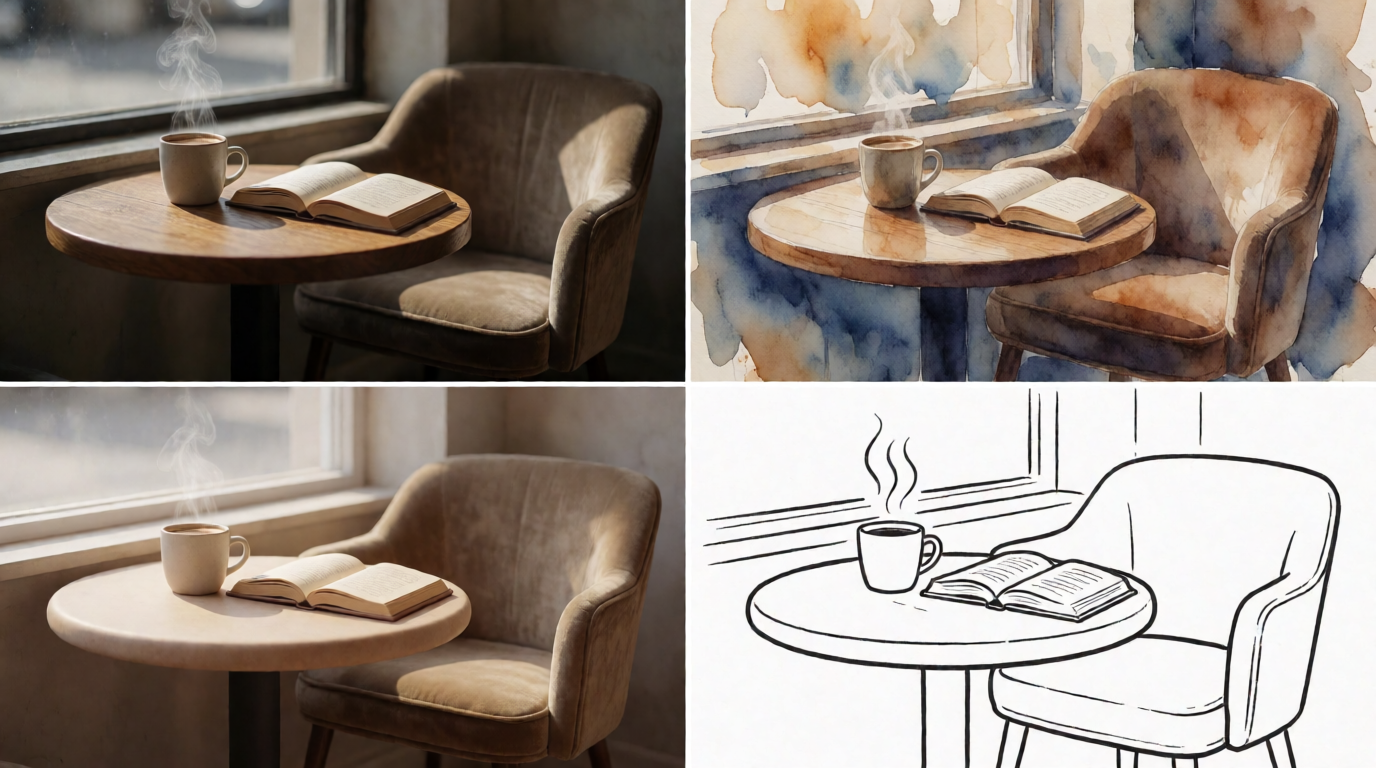 The same scene generated in four styles — photo, watercolor, 3D, and line art