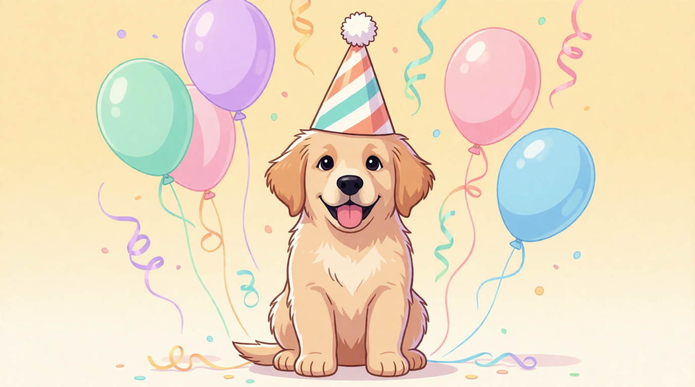 Raw Krea 2 output: a golden retriever puppy wearing a party hat surrounded by balloons and confetti, illustrating a casual free-plan use case