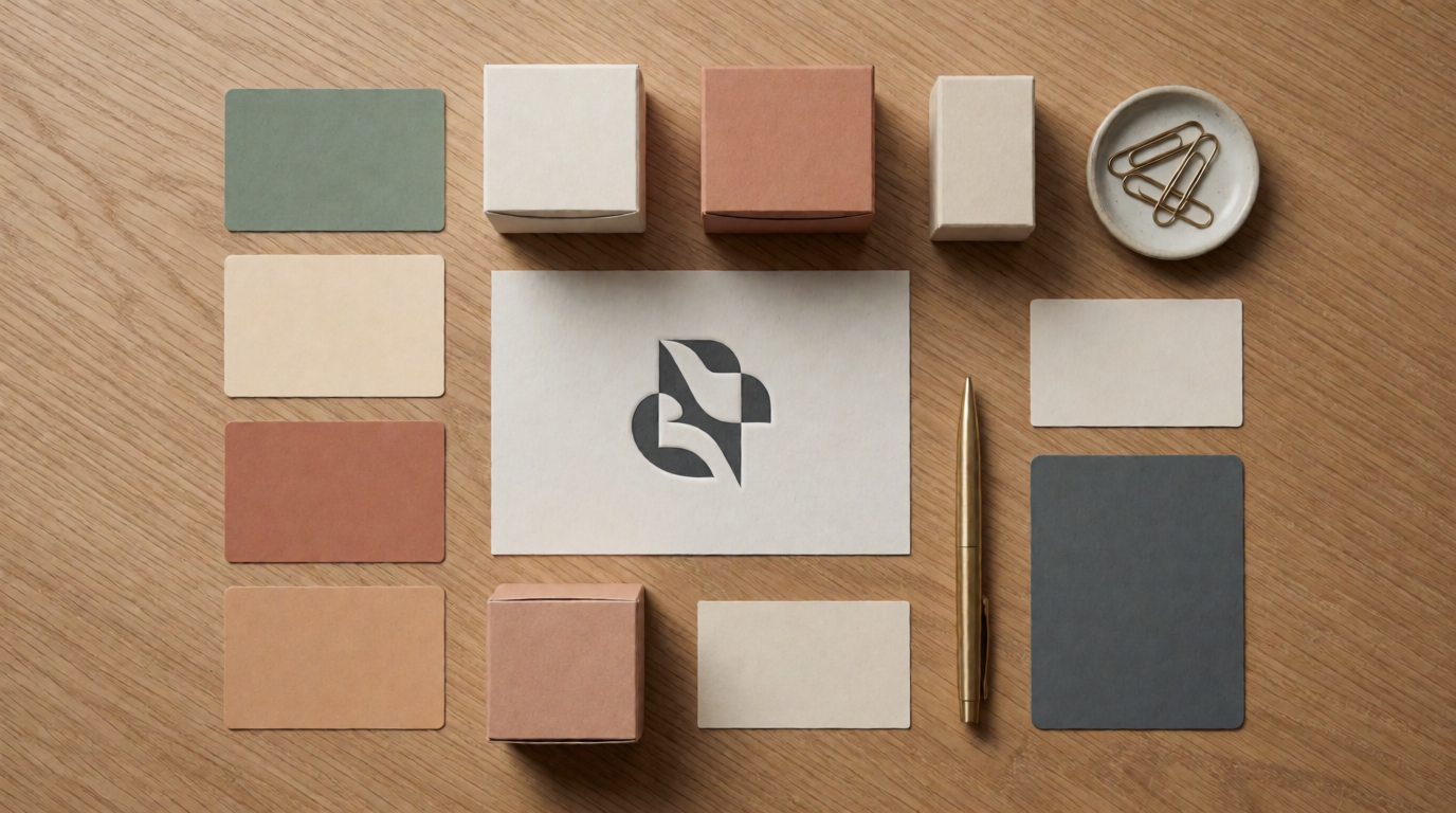 Raw Krea 2 output: a flat lay of a brand identity design board with color swatches and mockups, illustrating a design-ecosystem use case