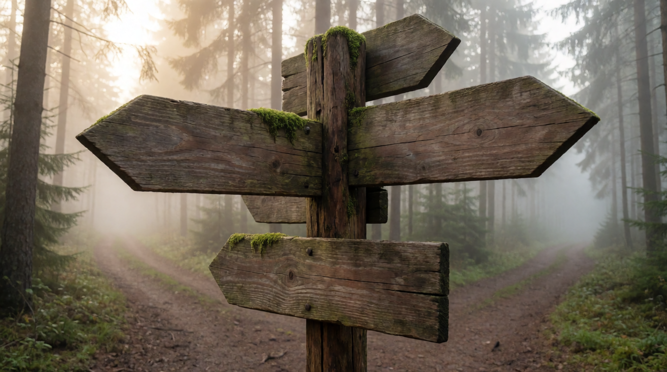 A wooden signpost at a foggy forest crossroads with blank arrow signs pointing in different directions
