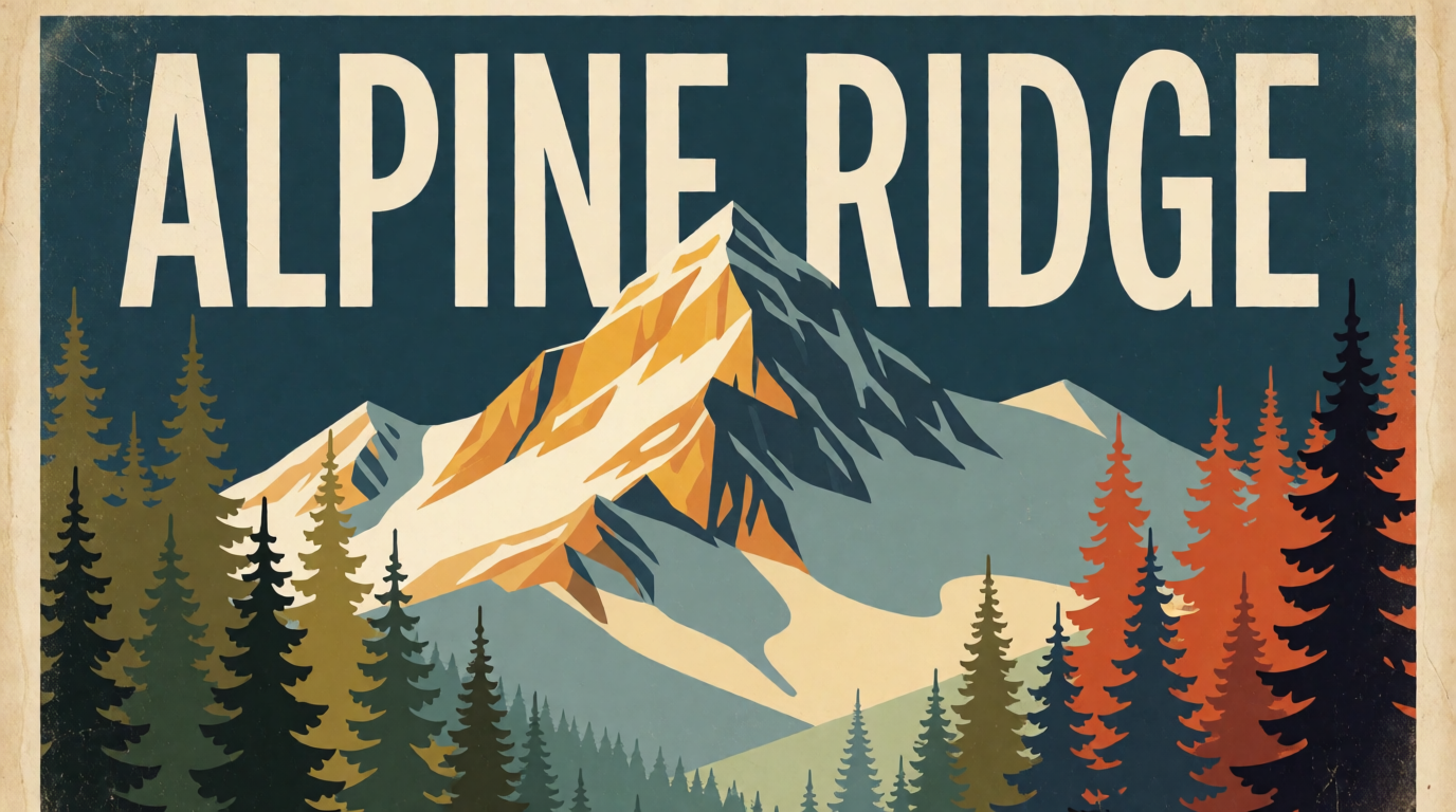 Raw Krea 2 output: a vintage travel poster for a mountain town with bold lettering, illustrating a text-in-image use case