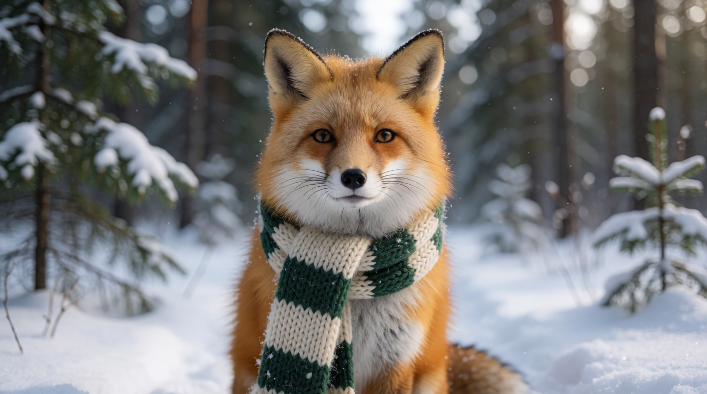 Raw Krea 2 output: a photorealistic red fox in a snowy pine forest wearing a striped scarf