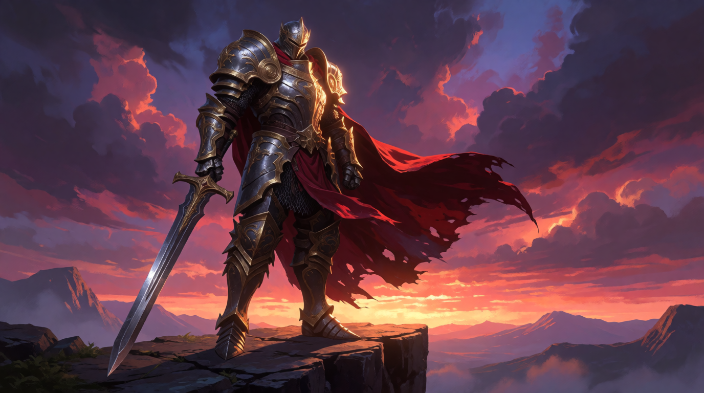 Raw Krea 2 output: fantasy concept art of an armored warrior on a cliff at sunset, illustrating a game-asset use case