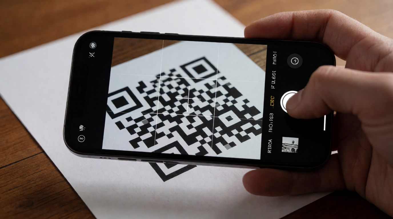 A phone camera held over a printed QR code on a flyer, testing whether it scans