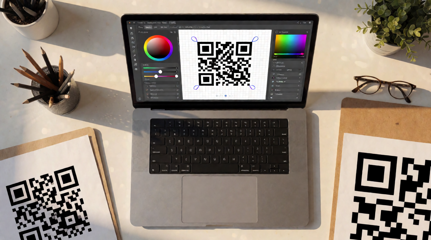 A design studio desk with a laptop, a phone open to a scanning app, and QR code sketches