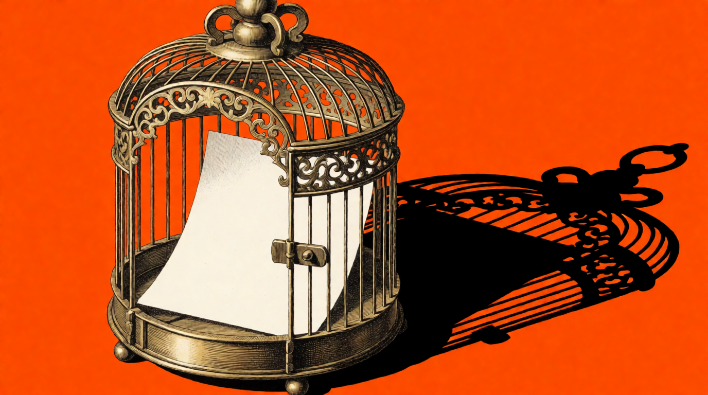 A paper document locked inside a brass birdcage on a tangerine-orange field, hard shadow — raw Krea 2 output