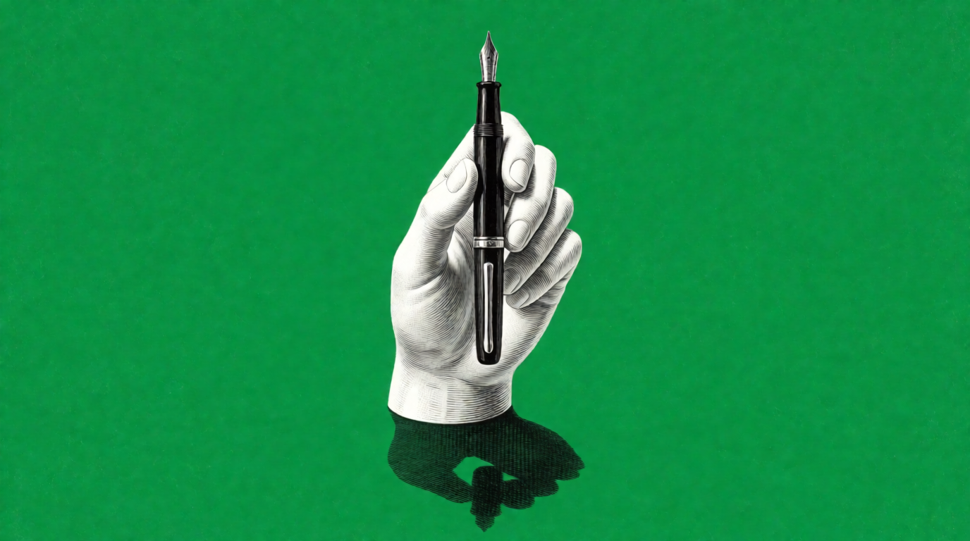 Raw Krea 2 output of a white ceramic hand holding a black fountain pen upright on an emerald-green field, hard shadow, engraved texture