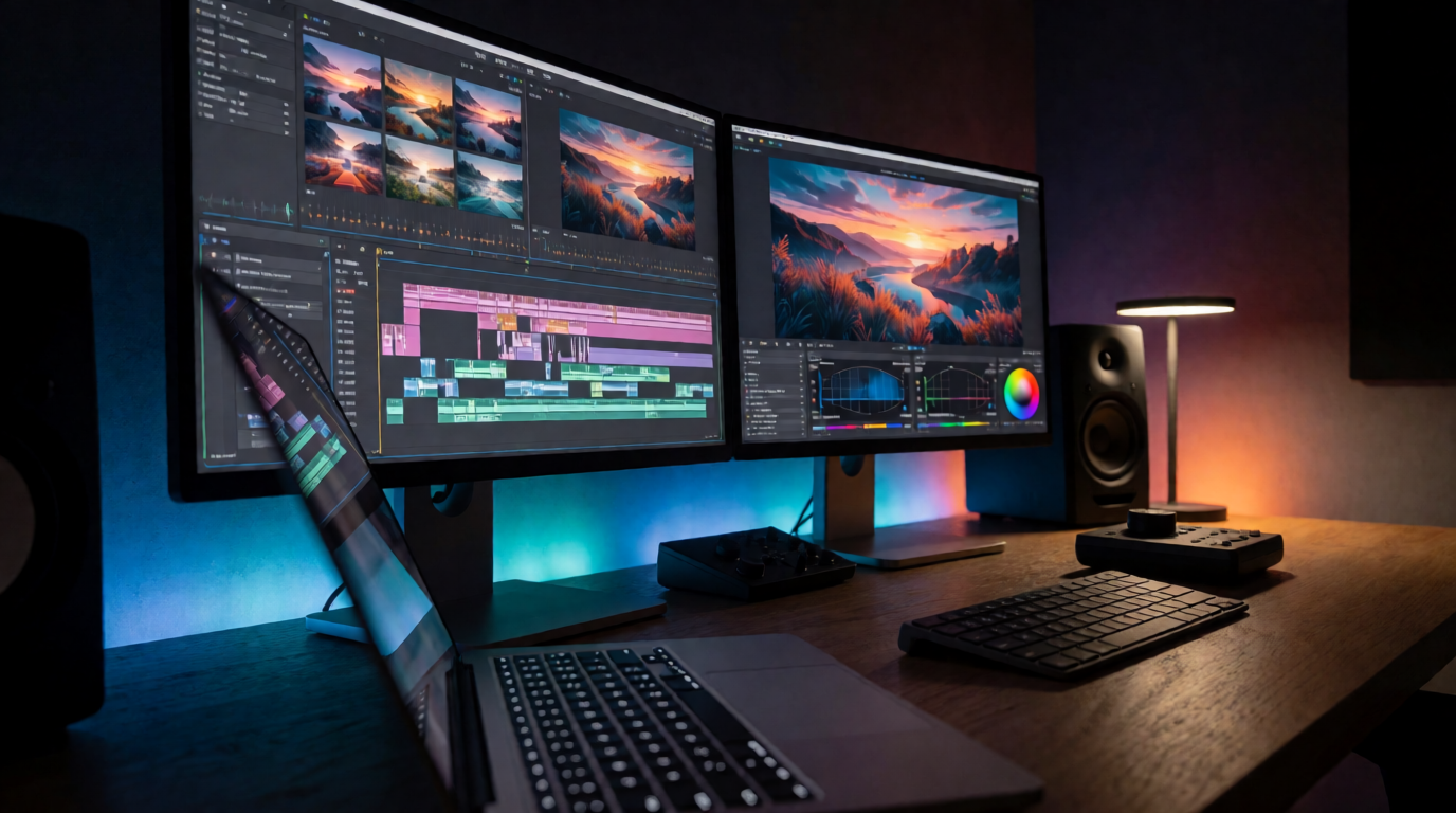 A professional video editor's workspace at night with a multi-track timeline on two monitors