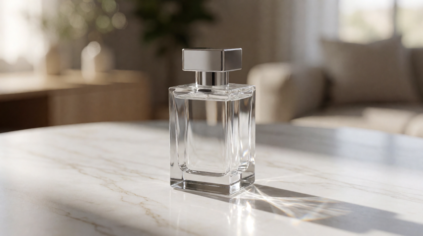 Raw Krea 2 output of the glass test prompt: a clear perfume bottle with the room visible through it