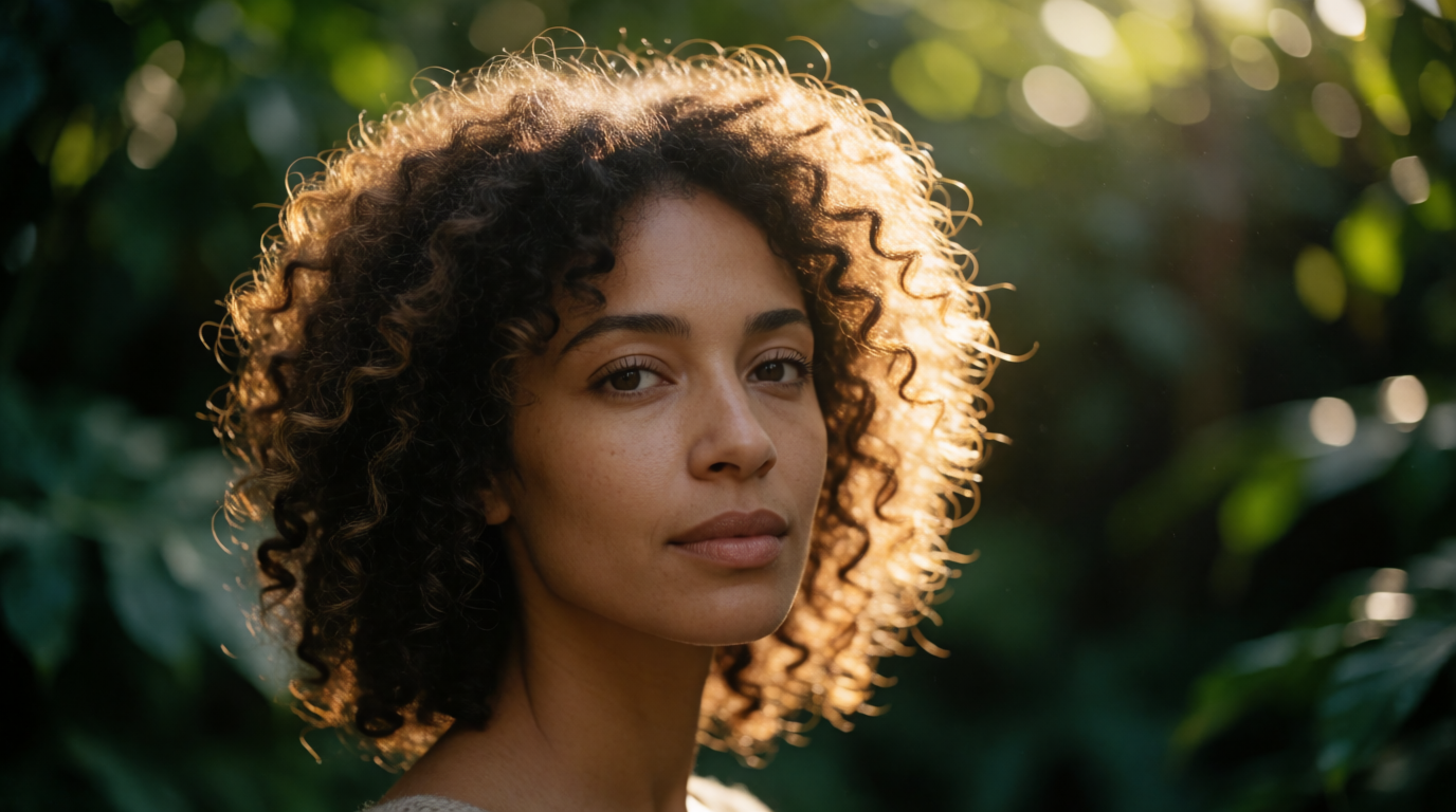Raw Krea 2 output of the hair test prompt: a backlit curly-haired portrait against foliage, the kind of edge one-click removers struggle with