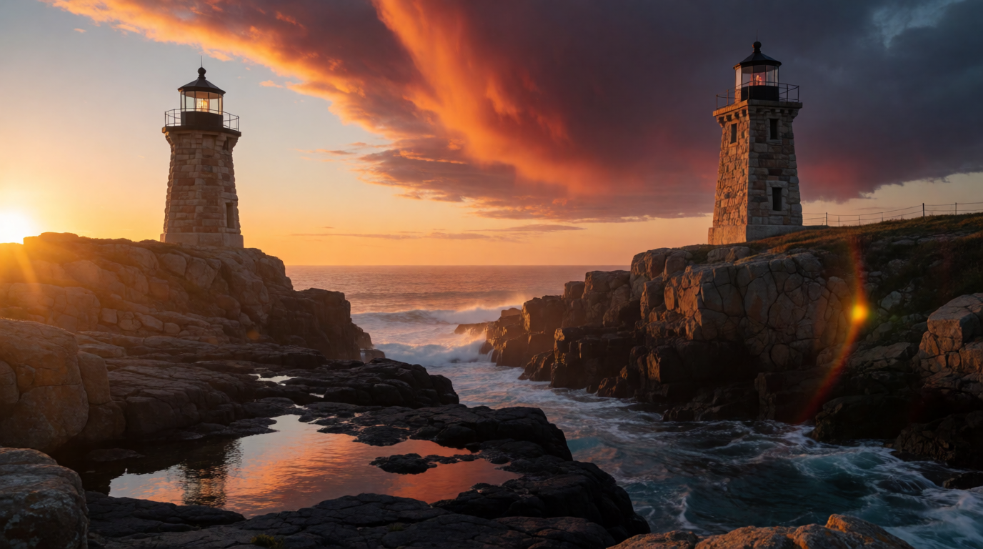Raw Krea 2 output of the lighthouse prompt above: a stone lighthouse on a rocky coast at golden hour, the kind of "where was this taken" photo people run through Lens or Yandex