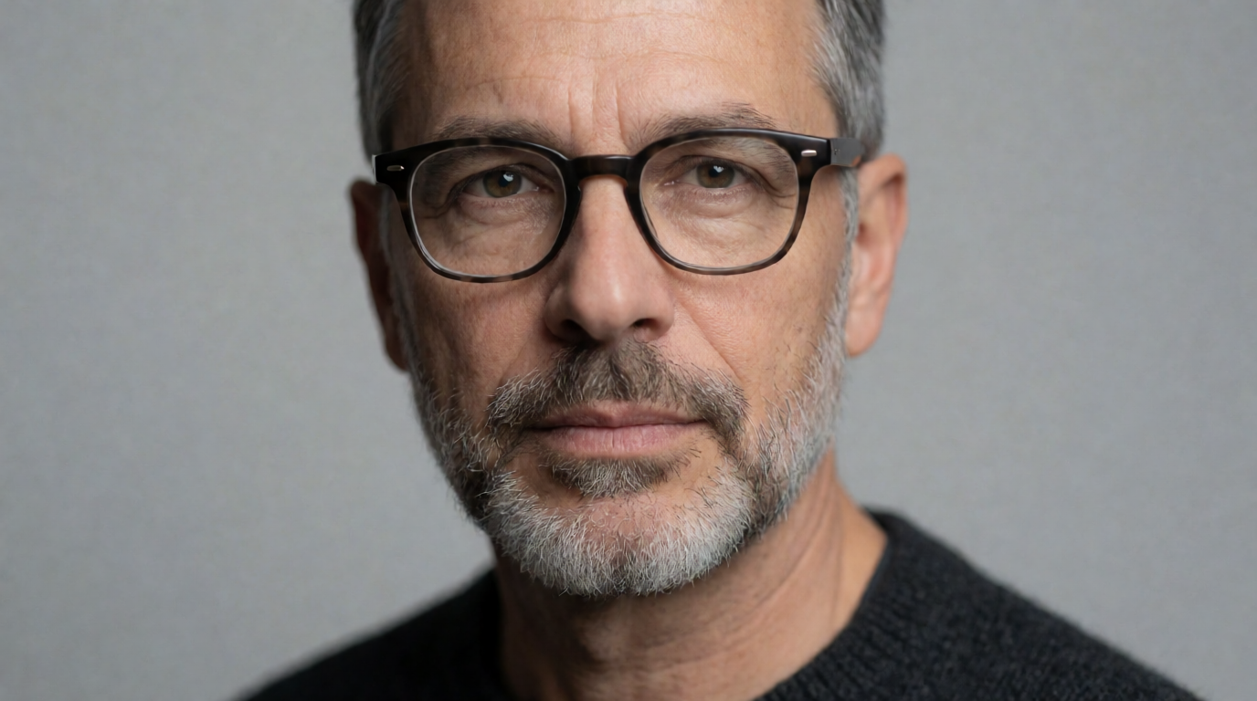 Raw Krea 2 output of the portrait prompt above: a studio portrait on neutral grey, the kind of face photo people run through Yandex for a match