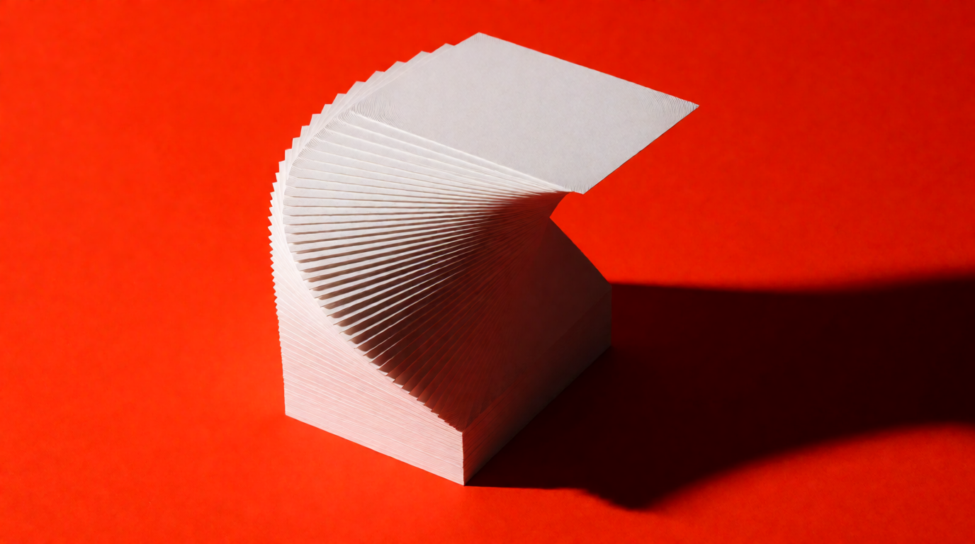 A tall stack of blank paper cards fanned out in a spiral on a vermilion red background with a hard shadow
