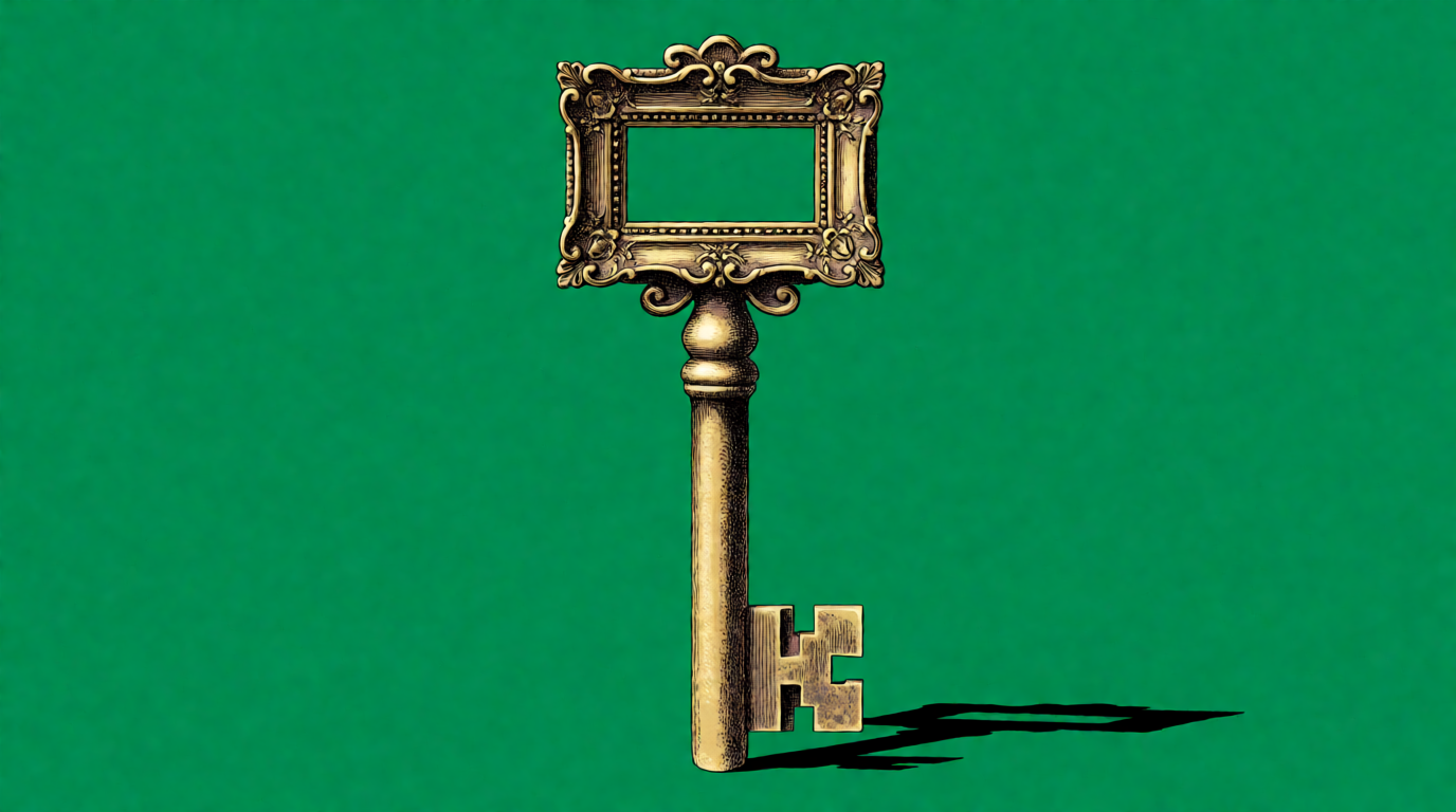 A giant antique brass key with a picture-frame bow standing upright on an emerald green background