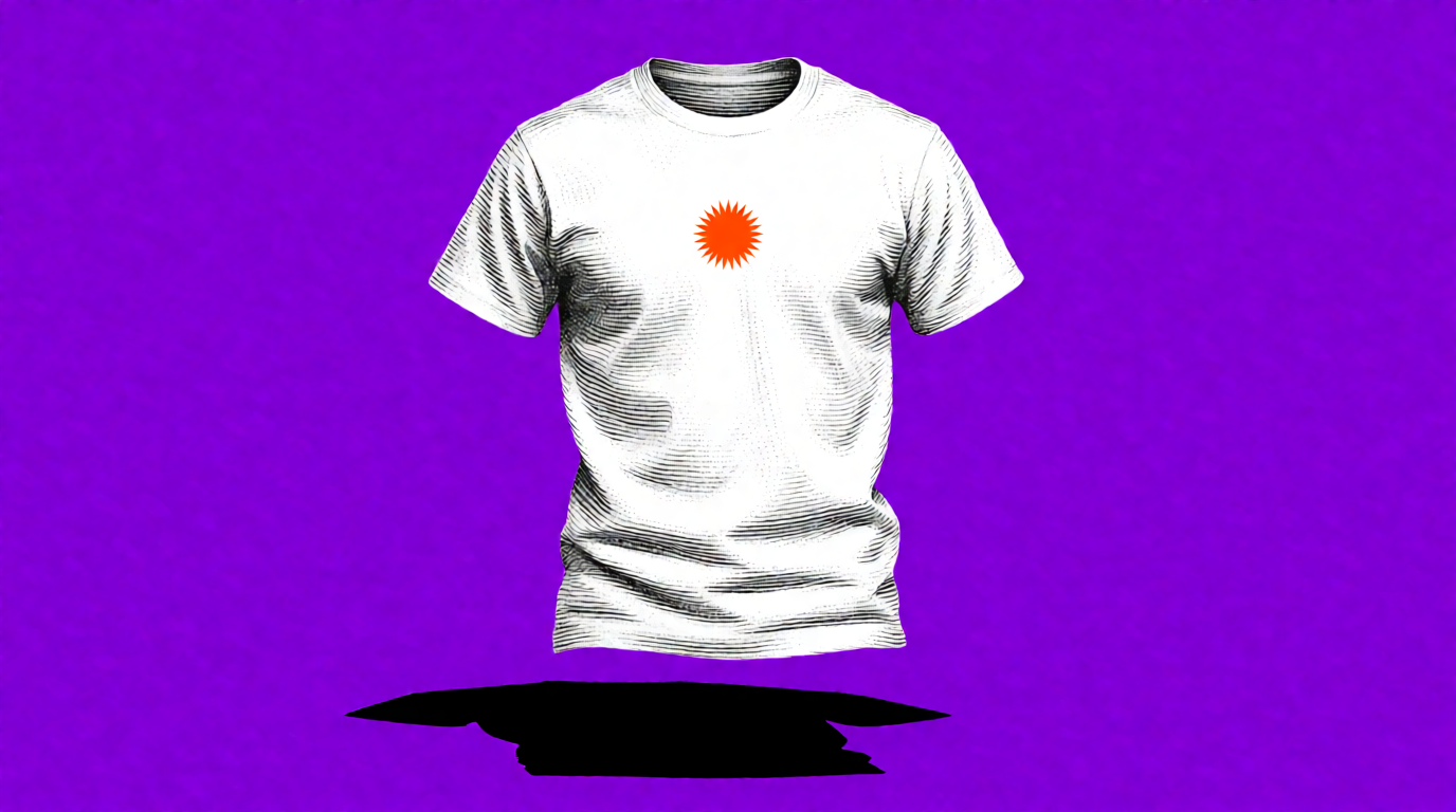 A plain white t-shirt with a small orange sun on the chest floating over a violet background with a hard shadow below