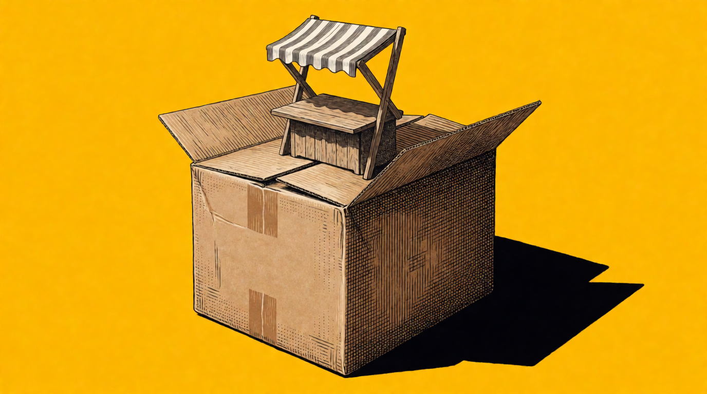 A tiny wooden market stall with a striped awning sitting on top of an open cardboard shipping box on a sunflower yellow background