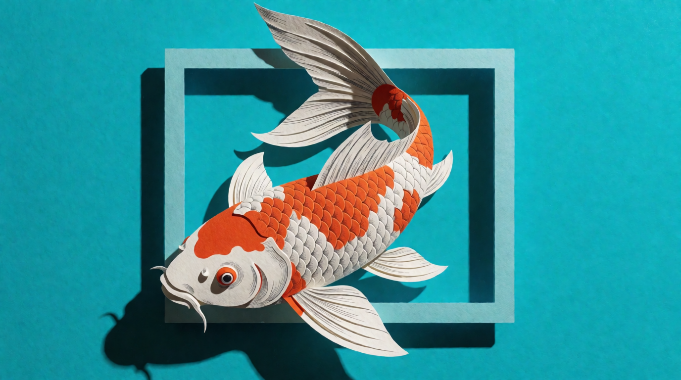 A paper-cut koi fish swimming out of an empty picture frame on a turquoise background