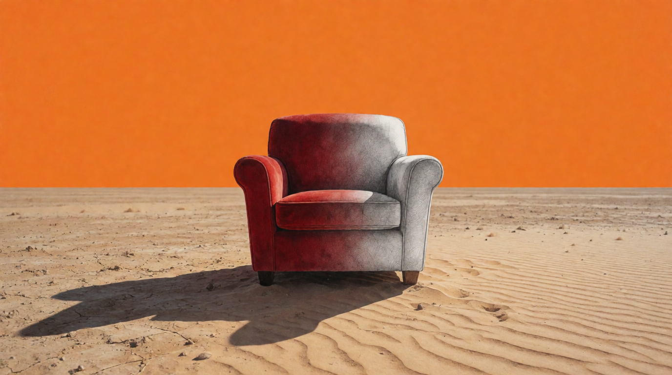 Raw Krea 2 output of a red armchair in a desert, half photograph and half pencil sketch, on a solid orange sky