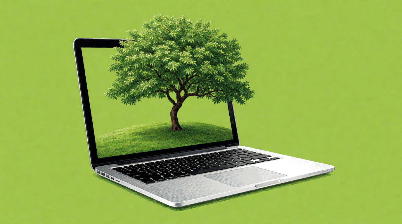 Raw Krea 2 output of an open laptop with a green hill and a tree growing out of its screen on a solid lime green background