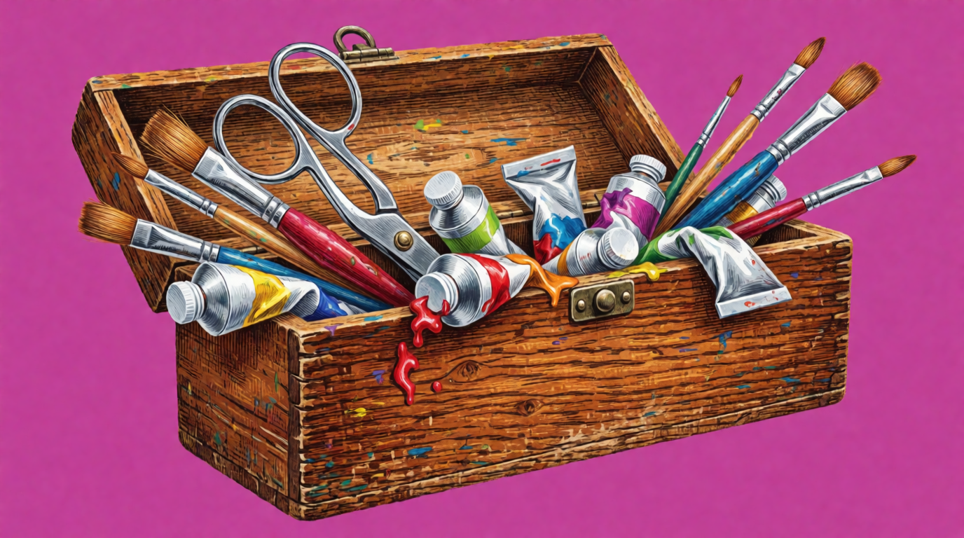 Raw Krea 2 output of a wooden artist toolbox overflowing with brushes, scissors, and paint tubes on a solid magenta background