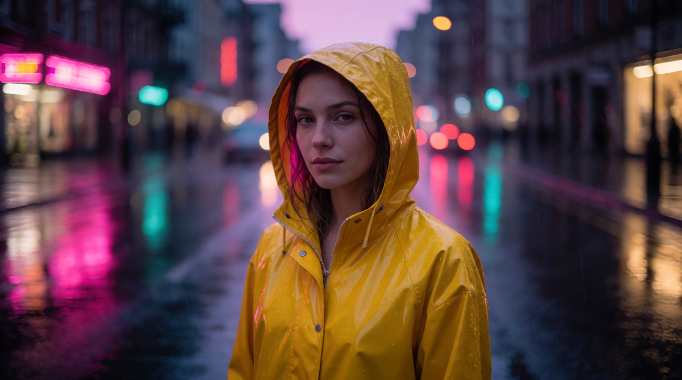 Raw Krea 2 output of a woman in a yellow raincoat on a wet city street at dusk with neon reflections