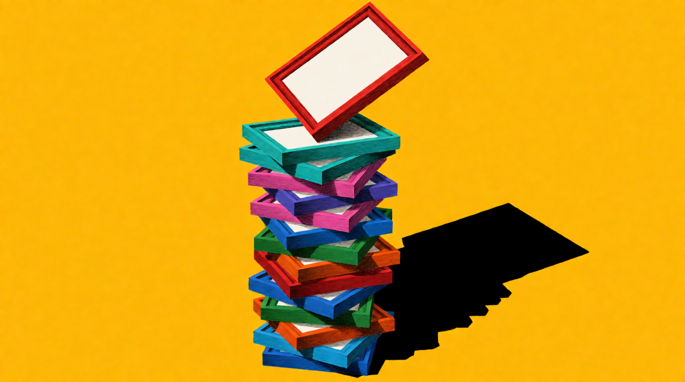 Raw Krea 2 output of a tall tower of colorful blank poster frames on a solid yellow background