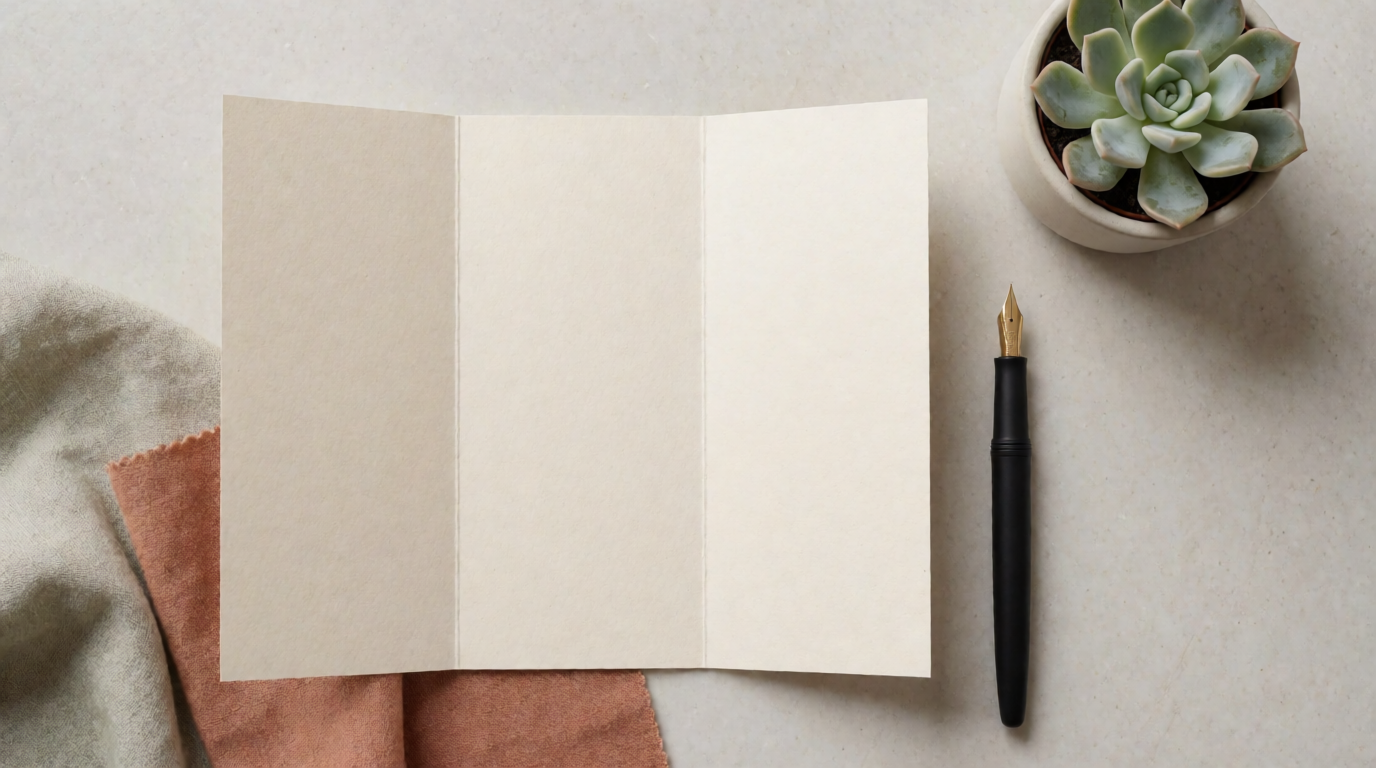 Flat-lay brochure mockup generated with Krea 2 from the prompt above