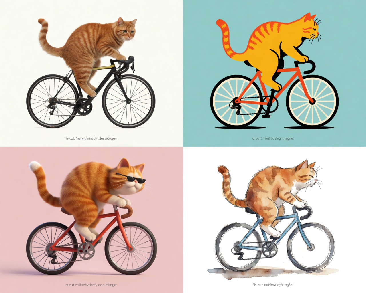 Four variations of a cat riding a bicycle in different styles