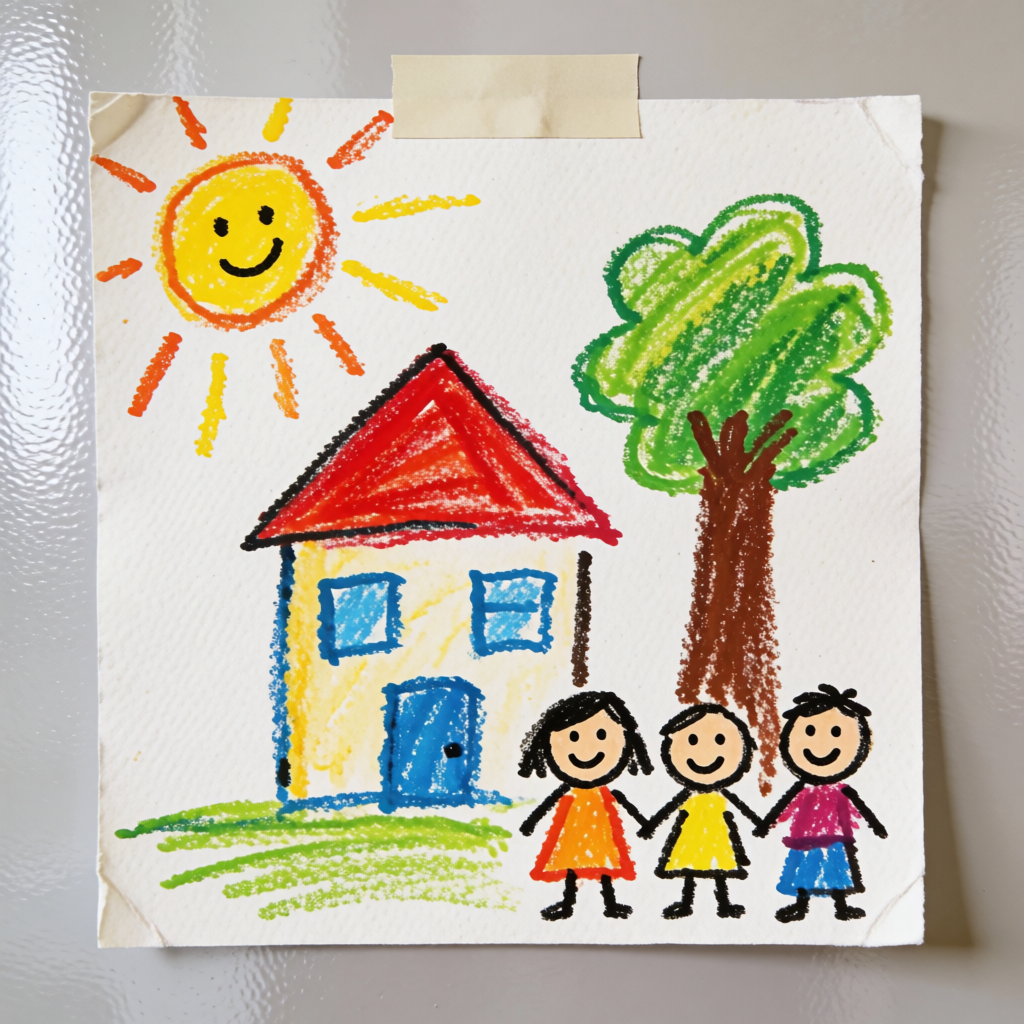 A child's crayon drawing of a house, a sun, a tree, and three children, taped to a fridge