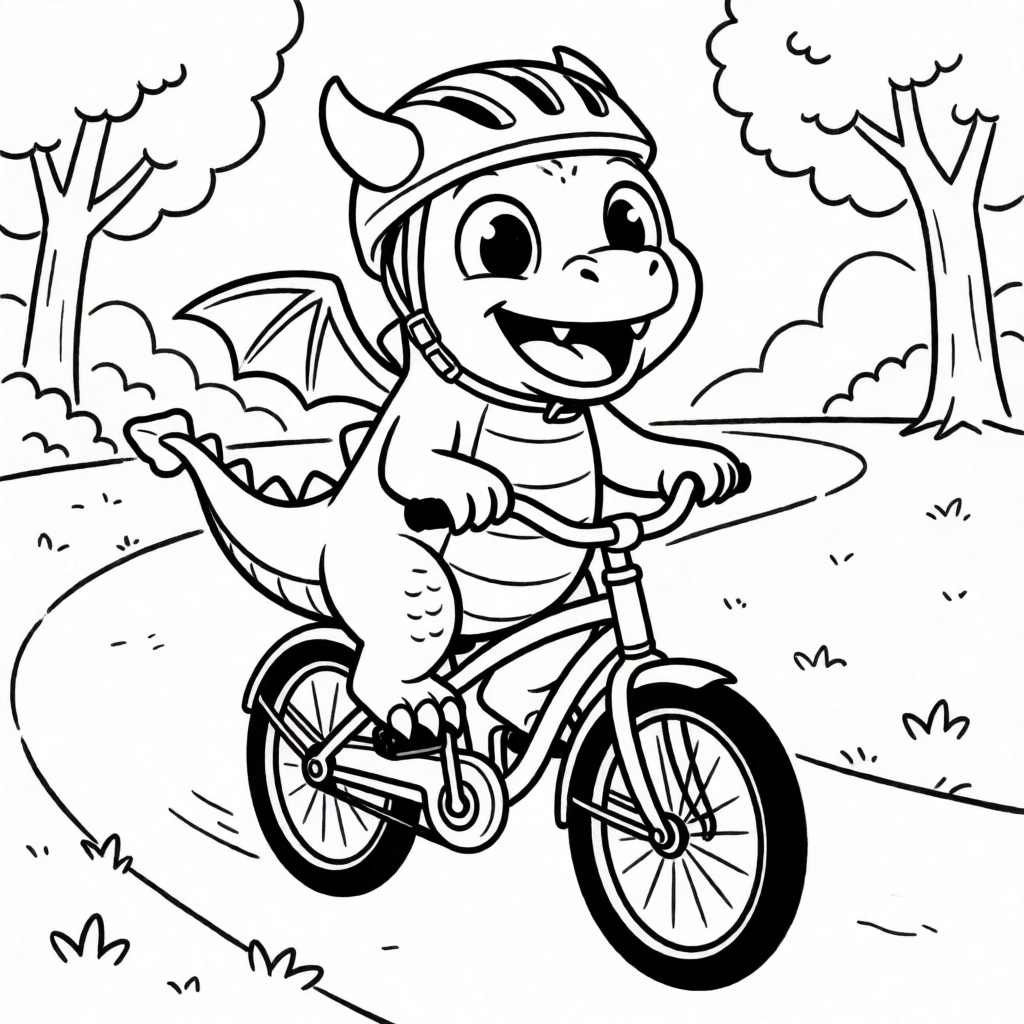 Second attempt, same prompt and a new seed: dragon riding a bicycle, fully clean black outlines with no shading