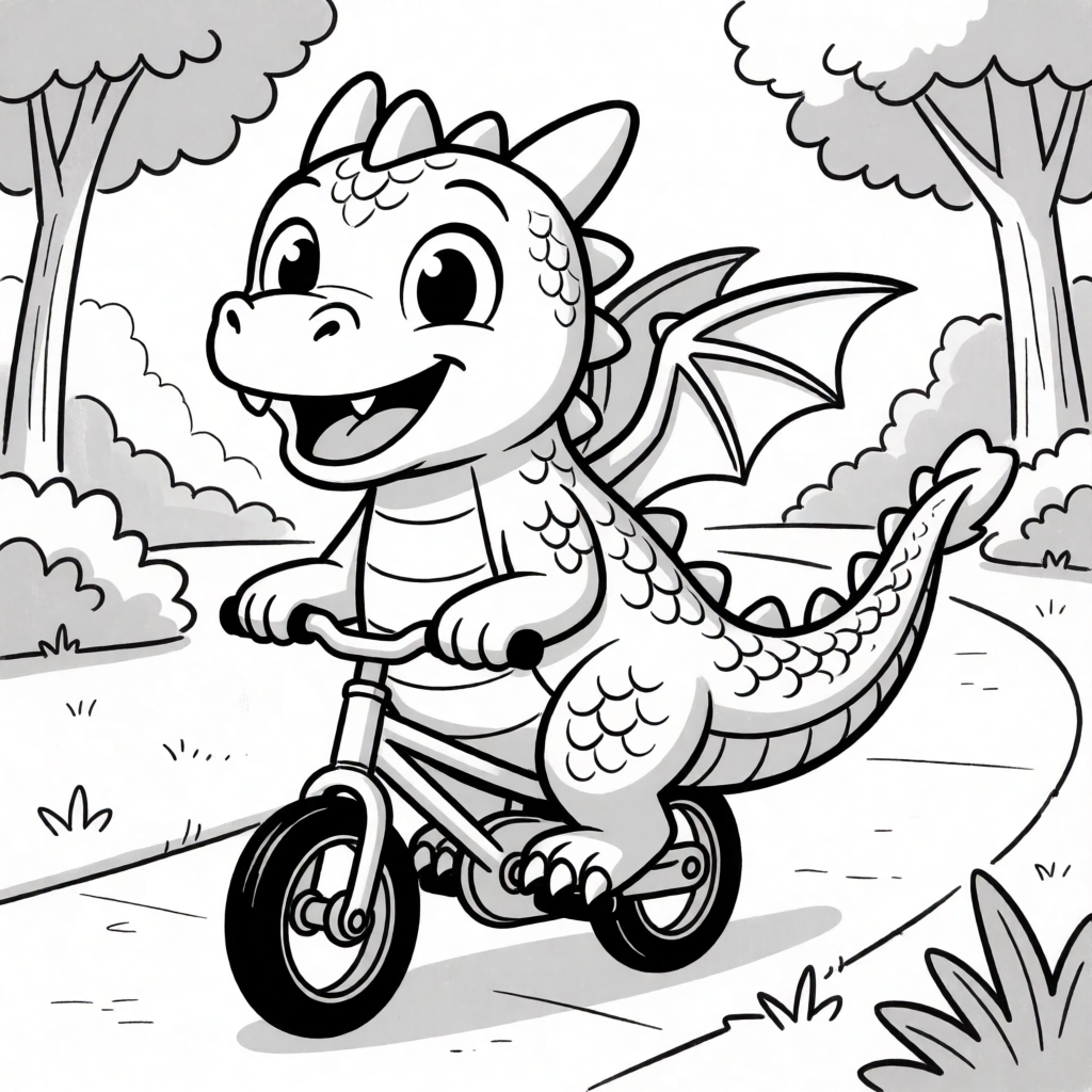 First attempt: dragon riding a bicycle, with visible gray shading on the body and background bushes despite the prompt explicitly requesting none