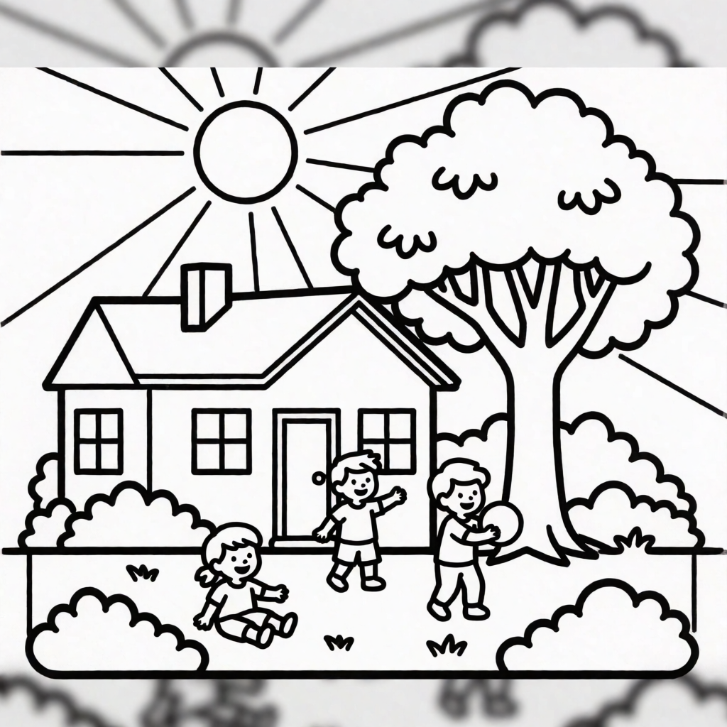 Second attempt at strength 0.92: clean black-and-white line art of the same house, sun, tree, and three children, ready to print