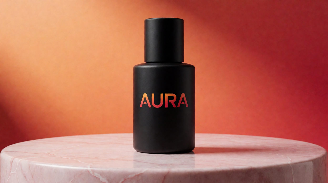 Product photo of the same AURA bottle regenerated in an orange-to-red gradient