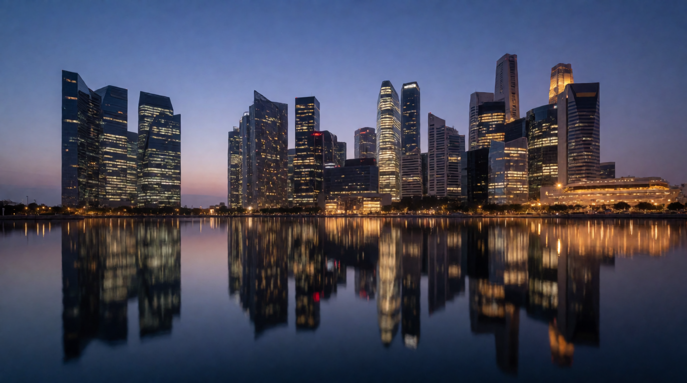 Generic city skyline at dusk, the kind of background shot any stock library already has